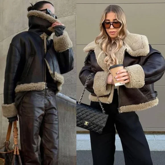 Zara Double Faced Jacket ZW Collection Sherpa Faux Fur Dark Brown Biker Size S - Picture 15 of 16